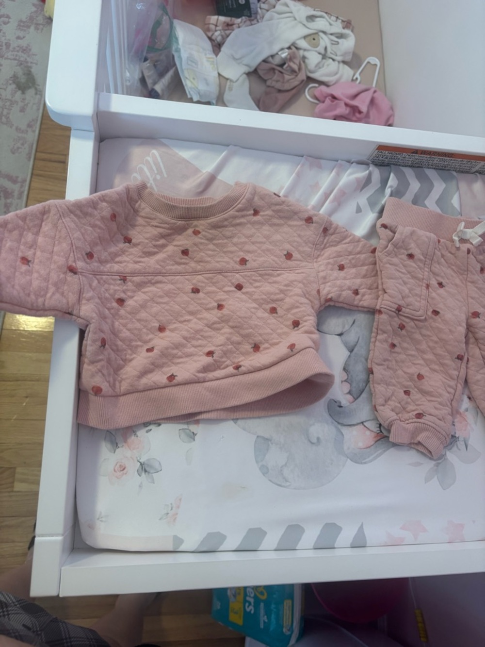 Carter's Pink Quilted Sweater & Joggers Set with Tiny Red Fruit Print